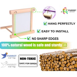 Blessed family 2 Piece Bird Parakeet Mirror for Cage,Parrot Perch Stand,Wooden Hummingbird Swing Toy,Parakeet Accessories for Cockatiels Conure Finch Lovebird Canary African Grey Macaw