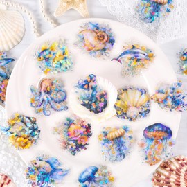 120Pcs Holographic Sea Animal Stickers - Transparent Ocean Life Decals Featuring Jellyfish, Seahorses, Dolphins, Whales, Conch Shells for Scrapbooking, Journals, Resin Art Projects