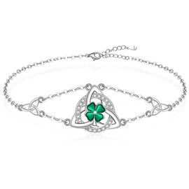 ST Patricks Day Shamrock Bracelet for Women Sterling Silver Irish Good Luck Four Leaf Clover Bracelet Celtic Knot Triangle Green Friendship Jewelry Holiday Gifts