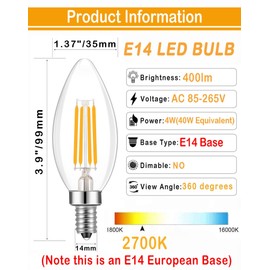 Lamsky E14 Base LED Filament Candle Shape Light Bulb,E14 European Base Bulb,Warm White 2700K 400LM 40W Equivalent,C35 Clear Glass Torpedo Shape Bullet Top,No-Dimmable (2-Pack)