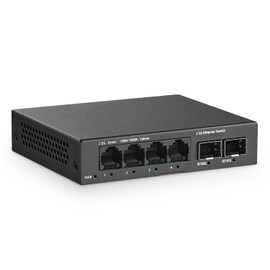 YuLinca - Interruptor no administrado de 6 puertos 2.5G, 4 puertos 2.5GBASE-T con 2 x 10G SFP+, mini funda de metal, capacidad de conmutación de 60 Gbps, interruptor de red Plug & Play sin ventilador