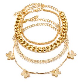 Todu 4Pcs Golden Butterfly Bracelet for Women Gold Plated Set Layered Link Stackable Cuff Chunky Bangle Bracelets Boho Party Jewelry