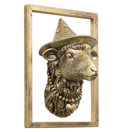 Animal Heads Wall Decor (Includes Metal Frame) Resin Animals Sculptures Head Wall Hanging Decoration Gold vintage Wall Sculpture for Living Room Bedroom Office(Sheep)