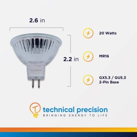 Technical Precision MR16 Halogen 20W 12V Light Bulb Replacement for GE General Electric G.E Q20MR16C/CG40 GU5.3 2-Pin Dimmable Flood Light Bulbs for Desk Lamp, Track Light - 1 Pack
