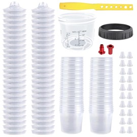 Throohills Disposable Paint Spray Gun Cup System for HVLP Paint Spray Paint Gun,Standard 6 Ounce (180ml) Kit with 50 Cups and Lids, 1 Hard Paint Mixing Cup with Retainer Ring and 20 Plugs