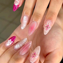 3D Handmade Press on Nails with Charms Fake Nails Medium Almond Cute French Nails Press ons Butterfly Flower Flower Stick on Nails Acrylic Nails Pearl Nails for Women Daily Wear 24Pcs