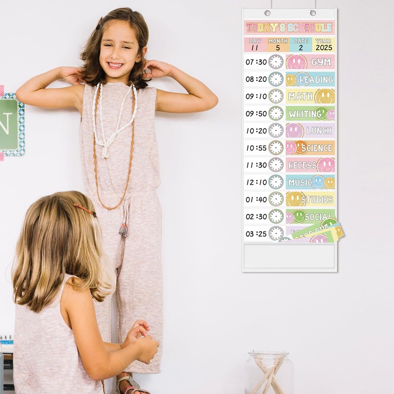 JarThenaAMCS Pastel Smile Face Daily Schedule Pocket Chart 13 x