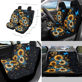 Xoenoiee Sunflower Blue Butterfly Print Car Seat Covers and Accessories, Front Rear Seat Covers, Steering Wheel Cover, Seat Belt Pads, Coasters, Keychains for Car SUV Decor, 11 PCS Set