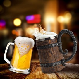 Kndatle Handmade Wooden Barrel Beer Mug, Bucket Shaped Drinkware with Handle, Stainless Steel Double Wall Cocktail Mug for Bar Restaurant, Vintage Bar Accessories (18 oz)