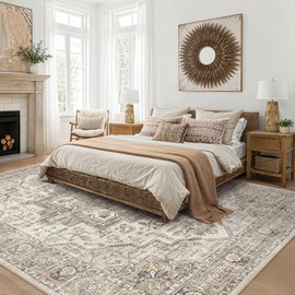 Area Rug 5x7 Washable Vintage - Soft Traditional Rugs for Living Room Large Non Slip Backing with Low Pile Farmhouse Oriental Retro Carpet for Bedroom Dining Room or Home Office - Light Brown