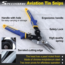 SPEEDWOX 10 Inch Straight Cut Aviation Tin Snips Offset Aviation Snip Labor Saving Tin Snip Wire Cutter for Cutting Metal Sheet with Serrated Jaws Non-Slip Handle Safety Latch and Hanging Hole