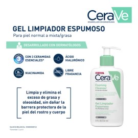 CeraVe Gel Limpiador Espumoso Piel Mixta a Grasa| Desarrollado con Dermatólogos | Elimina el Exceso de Grasa | Contiene Niacinamida, Ácido Hialurónico y Tecnología MVE | 236ml | 8oz