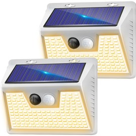 Solar Lights Outdoor 2 Pack, 140LED/3 Modes Motion Sensor Lights Solar Powered, Wireless IP65 Waterproof Solar Wall Lights Outdoor Lights, Bright for Deck Fence Patio Front Door, Warm Light (White)