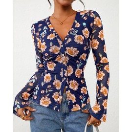 BTFBM Button Down Shirts for Women Fall Fashion 2025 V Neck Long Sleeve Blouse Ruched Mesh Fitted Floral Print Boho Tops(Blue, Large)