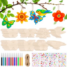 Pack of 40 Craft Sets for Children, DIY Wooden Crafts Child with Butterfly, Flower & Bird, Craft Spring Children with Watercolour Pen & Gemstone Stickers, Decorative Cord, Crafts Children's Birthday