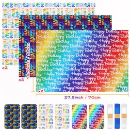 Wrapping Paper Birthday Wrapping Paper with Hradient Multi-colour "Happy Birthday" Text Design, Birthday Wrapping Paper Set Include 6 x Gift Wrapping Paper Sheets + 6 Tags + 2 rolls of ribbon,