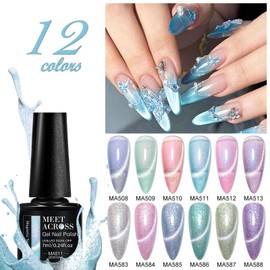 MEET ACROSS Aurora Pearls Cat Eye Gel Nail Polish, Silvery Platinum Magnetic Gel, Sparkle Shiny Glitter Polish Glossy Nail Polish Kit Soak Off Nail Art Gift for Ladies Girls