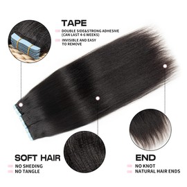 ISHEENY Yaki Straight Tape Ins Black Women Yaki Tape In Extensions Human Hair Seamless Straight Hair Extensions Real Human Hair Tape Hair Extensions 14Inch 20Pieces 40g/set