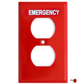 Emergency Red Outlet Covers, Duplex Receptacle Switch Wall Plate, 1-Gang Standard Size, Heavy Duty, Red Metal, With White Silk-Screened Lettering, Code Compliant, Noticeable