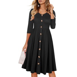 Lamilus Women's Casual Fall 3/4 Sleeve V-Neck Button Down A-Line Swing Party Dress (XL,Black-026-3/4)