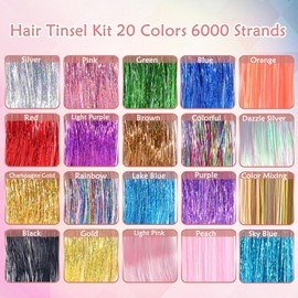Hair Tinsel Kit (48 Inch, 20 Colors, 6000 Strands), Glitter Tinsel Hair Extensions with Tools - Fairy Hair Tinsel Heat Resistant Accessories for Women Girls Kids