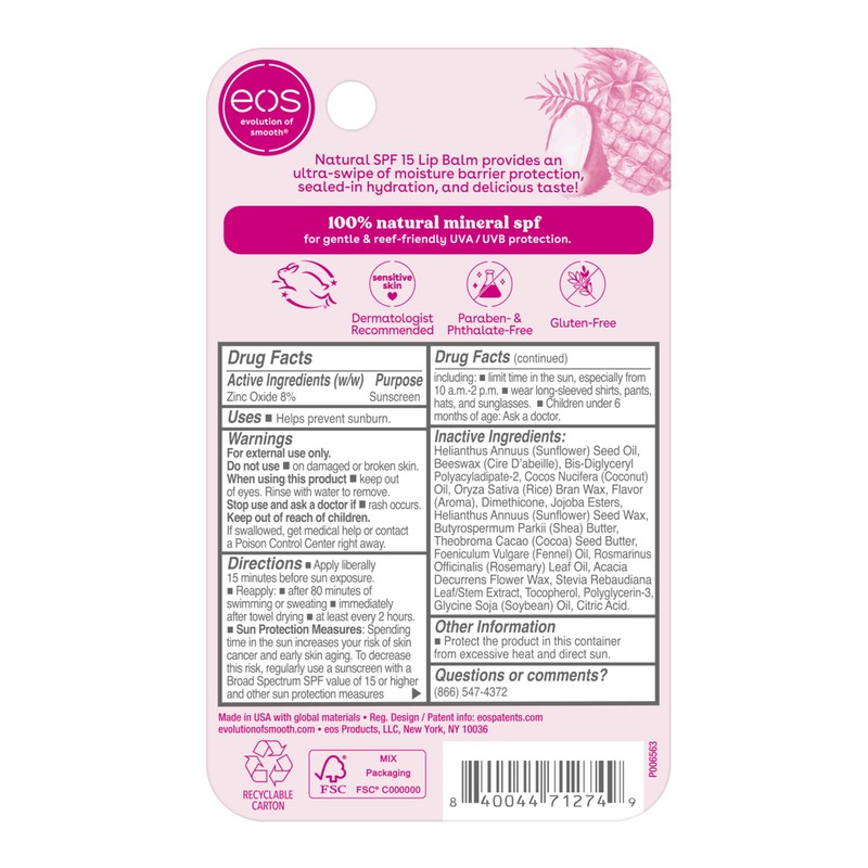 eos Natural SPF 15 Lip Balm- Pineapple Coconut, Daily Protection,