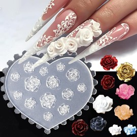 LIFOOST 3D Flower Nail Molds Silicone Nail Tools Rose Camellia Flower Nail Charms Resin Molds Nail Art Carving Floral Silicone Molds for Resin Accessories