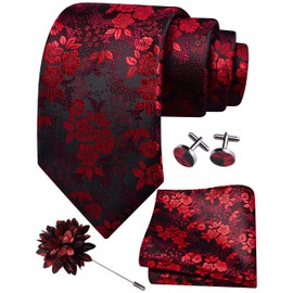 GUSLESON Red Tie for Men Floral Wedding Silk Necktie Pocket Square Cufflinks and Lapel Pin Brooch Set (6107-11)