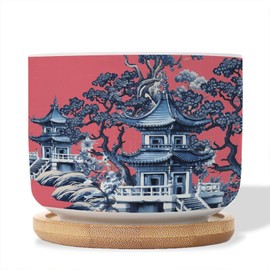 WoGuangis Set of 1 Antique Asian Asia Tiered Tower Blue Small Plant Pots Pink Blue Chinoiserie Asia Tiered Tower Ceramics Planter with Drainage and Bamboo Tray Chinoiserie Flower Pot Planter