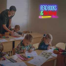 Read Books and Be Kind Neon Sign, Dimmable Classroom Neon Sign Lights, LED Read Books Light up Sign for Library Decor, USB Pencil Neon Light for Kids Teachers Students, Classroom Lights (16.2"×11")