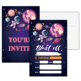 Space Birthday Invitations, 25 Double-Sided Space Blast Party Invitation Cards with 25 Envelopes, Kids Party Invites Celebration Decoration Supplies - A11