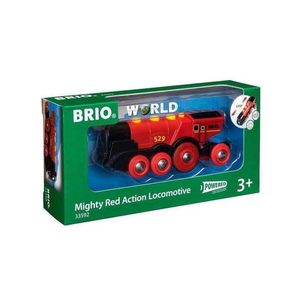BRIO World 33592 Mighty Red Action Locomotive | Battery Operated Toy Train with Light and Sound Effects for Kids Age 3 and Up