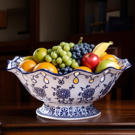 UANYEMON Blue and White Ceramic Fruit Bowl for Kitchen Counter,Decorative Pedestal Bowl for Table Countertop,Large Footed Serving Bowl,Large Fruits Basket