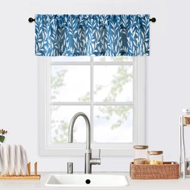 VOGOL Navy Blue Leaf Print Window Valances for Living Room - Country Style Curtain Panels for Kitchen or Dining Room, Farmhouse Home Decor, 52x12 Inches, 1 Piece, Rod Pocket