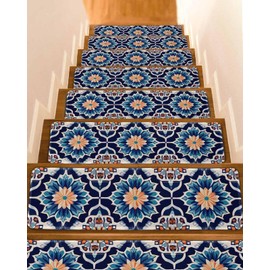 Orange Blue Stair Treads for Wooden Steps Indoor Runner Rug Carpet, Morocco Boho Abstract Floral Ethnic Tribal 7 Pieces Peel and Stick Staircase Step Treads Covers Washable Throw Door Mats, 30"x8"
