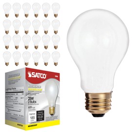 Satco S3950 A19 Incandescent Bulb, 25W, 130V, Frosted Finish, 180 Lumens, Medium E26 Base, Dimmable, 2700K Warm White, 2,500 Hour Lifespan (24 Bulbs)