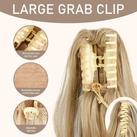 FREEORR Claw Clip Ponytail Hair Extension, 14”Ponytail Clip in Claw Hair Extension, Long Curly Claws Clips in Pony Tail Extensions for Women, Natural Hairpiece-Light Ash Brown and Bleach Blonde