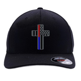 Firefighter Thin Red line Hereos Cross/Thin Blue line Heroes Cross American Flag Custom Embroidered Flex Fitted Baseball Hat (Black, L/XL)