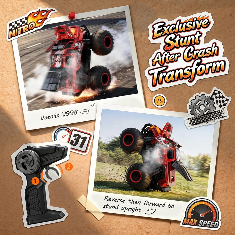 Veeniix Exploding RC Monster Truck,Crash Transform Mist Spray Lights Sounds