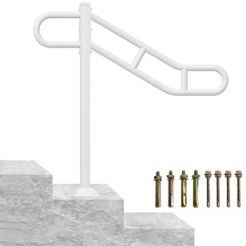 Upgraded Single Post Handrail, 32" - 8.5"L x 35.8"H Hand Rails for Outdoor Steps, White Metal U-Shaped Stair Railing, Floor Mounted Hand Rails for Outdoor 1-3 Steps with 2 Anti-Skid Crossbar for Porch