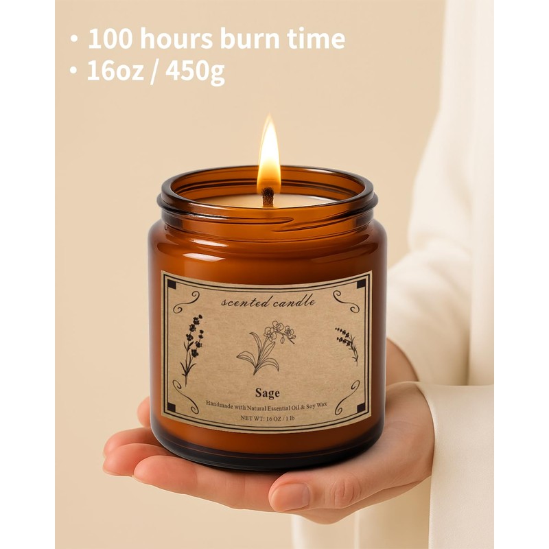 Sage Candles for Cleansing, 16oz Large Jar White Scented Candle,