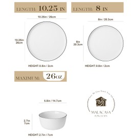 MALACASA 12 Pieces Gourmet Porcelain Dinnerware Sets, Premium Plates and Bowls Set, High-Fired Dishes Set for 4, Chip & Scratch Resistant, Microwave Dishwasher Safe, White & Black Rim, Series LEXI