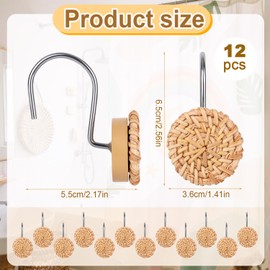 Tinoaly 12pcs Boho Knots Shower Curtain Hooks, Decorative Woven Rattan Shower Curtain Rings Farmhouse & Coastal Style Bathroom Hangers Accessories for Standard Rods
