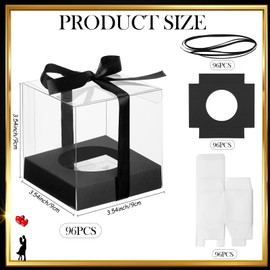 Tuanse 96 Pieces Individual Cupcake Boxes Single Cupcake Container Cupcake Carrier Plastic Cupcake Holder with Ribbons and Inserts for Wedding Birthday Party Favors, 3.5 x 3.5 x 3.5 Inch (Black)