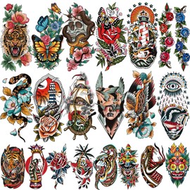 77 Sheets American Traditional Temporary Tattoos Adult Men Women Flower Rose Butterfly Tiger Snake Old School Style Temp Tattoos for Adults, Realistic Half Sleeve Fake Tattoos Stickers for Adult Kid
