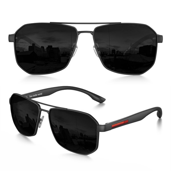 LUENX Aviator Sunglasses for Men Square Polarized Polygon Black Lens