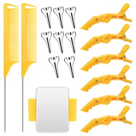 Coldairsoap 17 Pieces Hair Parting Tools Set, Included 8 Pieces Hair Parting Ring 2 Pieces Metal Rat Tail Comb 6 Pieces Hair Sectioning Clip with Magnetic Wrist Sewing Pin Holder for Braiding (Yellow)