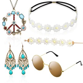 Hippie Costume Set with Sunglasses, 5 Pieces Hippie Clothing Women Men Accessories, 60s 70s Clothing, Abba Costume - Peace Sign Necklace and Earring (Turquoise/Bohemian Style)