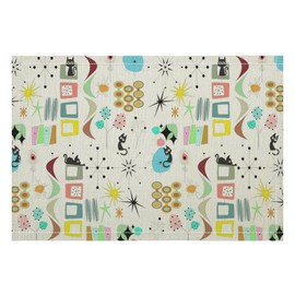 Mid Century Black Cat Modern Placemats Set of 6，Abstract Style Colorful Geometric Atomic Star Linen Placemats for Kitchen Dining Room Holiday Decoration 12X18inch