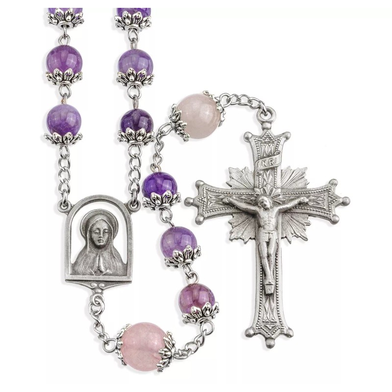 HMH Religious Light Amethyst 8mm Single Capped Rosary W/ Pewter